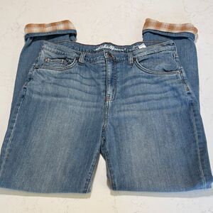 Eddie Bauer Midrise Straight Denim with Plaid flannel Lining.  Size Tall 10.